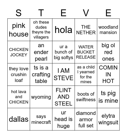 MINECRAFT MOVIE BINGO Card