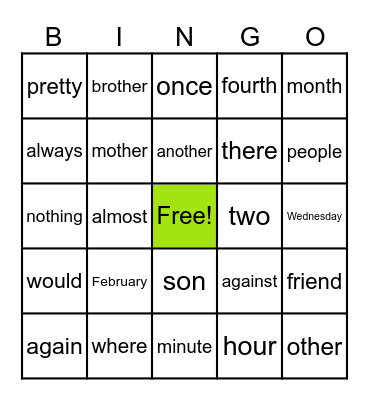 Heart Word Bingo Card