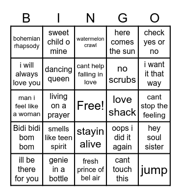 Name That Tune Bingo Card