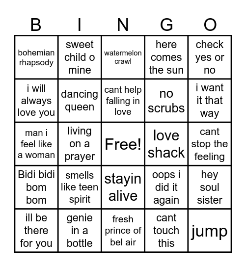 Name That Tune Bingo Card