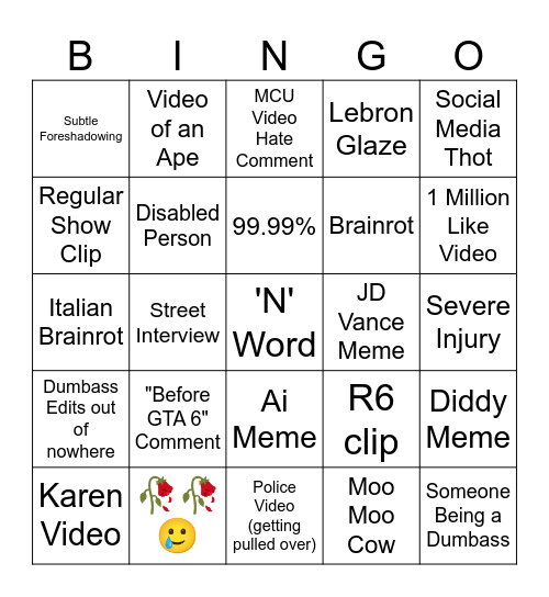 Instagram Reels/Tik Tok Bingo Card