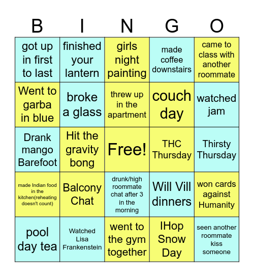 Roommate Bingo Card
