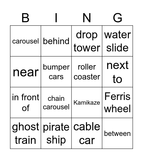 An amusement park Bingo Card
