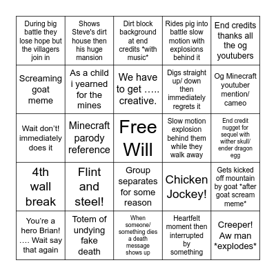 Minecraft Movie Bingo Card