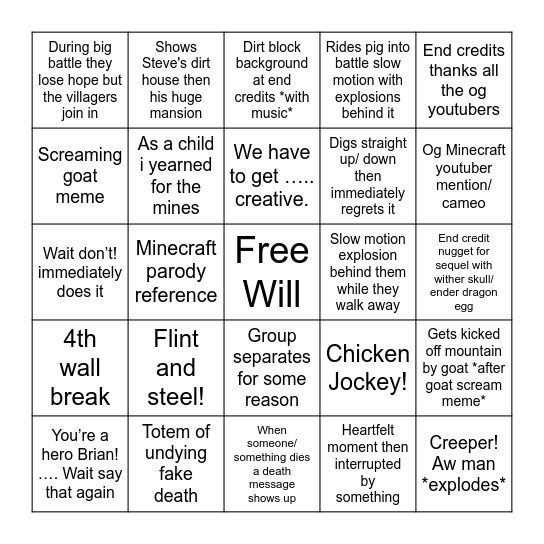 Minecraft Movie Bingo Card