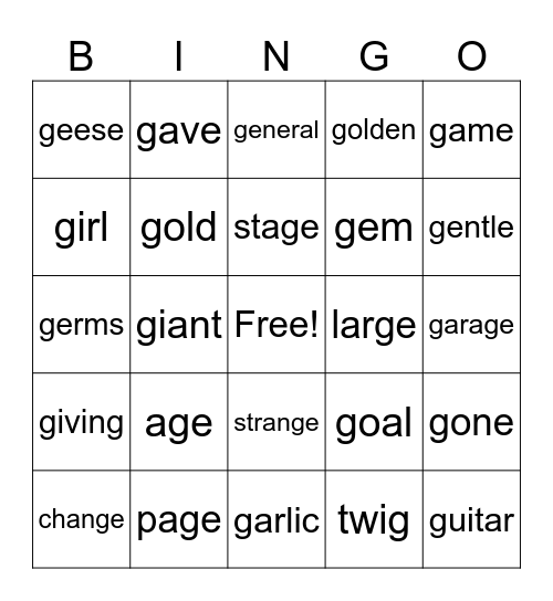 U8 W1 Hard and Soft g Bingo Card