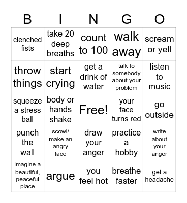 Anger Signs and Solutions Bingo Card