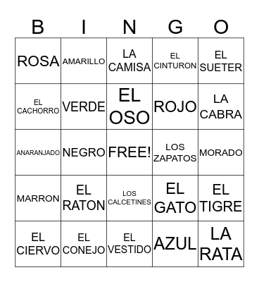 ANIMALS, CLOTHES and COLOURS Bingo Card