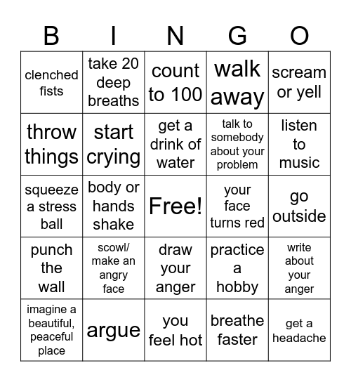 Anger Signs and Solutions Bingo Card