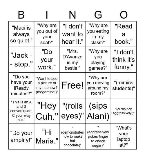 Ms. O'Dell Bingo Card
