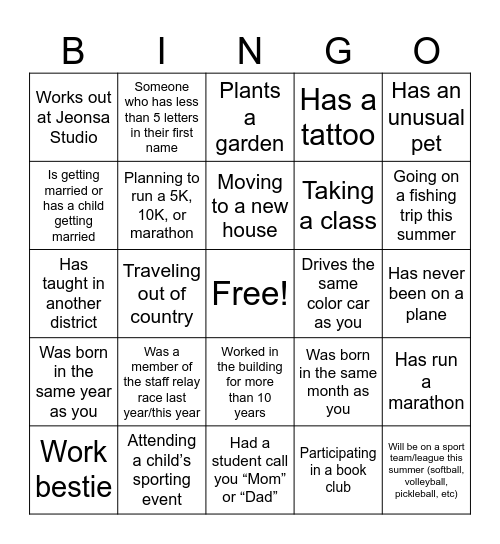 Staff Bingo Card