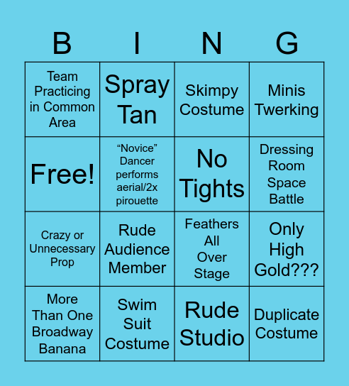 Dance Comp Bingo Card