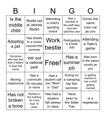 Staff Bingo Card
