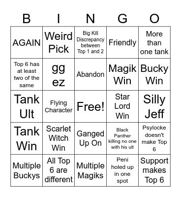 Marvel Rivals Doom Match Bingo Card