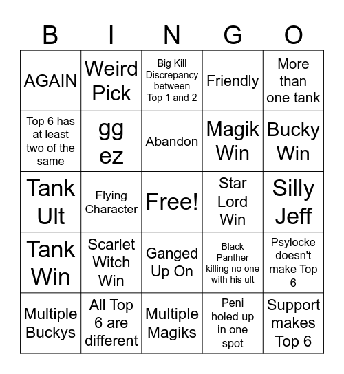 Marvel Rivals Doom Match Bingo Card