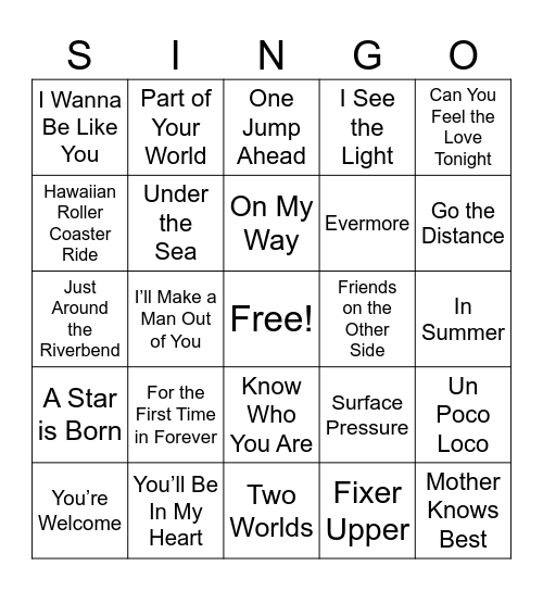 Disney Movie Songs Bingo Card