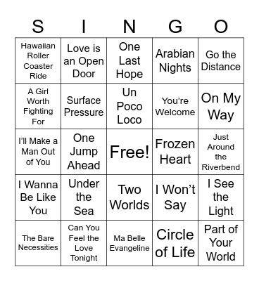 Disney Movie Songs Bingo Card