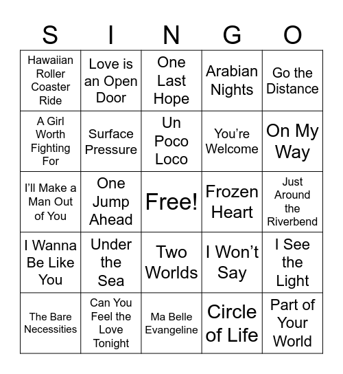 Disney Movie Songs Bingo Card