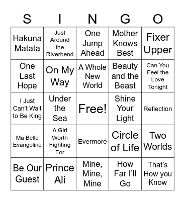 Disney Movie Songs Bingo Card