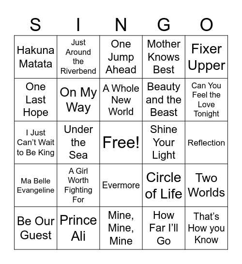 Disney Movie Songs Bingo Card