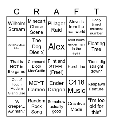 Minecraft Movie Bingo Card