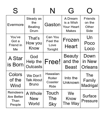 Disney Movie Songs Bingo Card