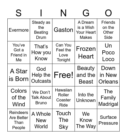 Disney Movie Songs Bingo Card