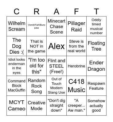 Minecraft Movie Bingo Card