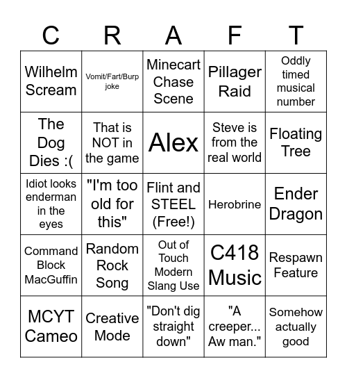 Minecraft Movie Bingo Card