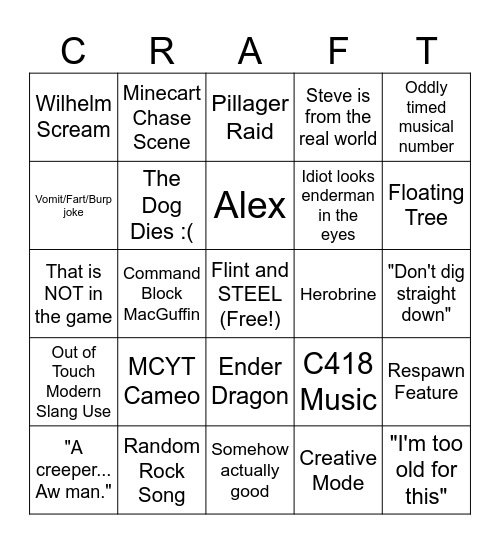 Minecraft Movie Bingo Card