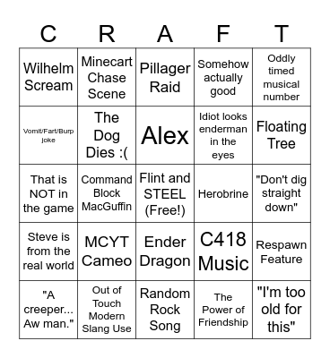 Minecraft Movie Bingo Card