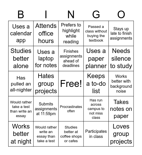 Surviving College Bingo Card