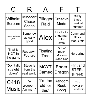 Minecraft Movie Bingo Card