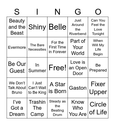 Disney Movie Songs Bingo Card