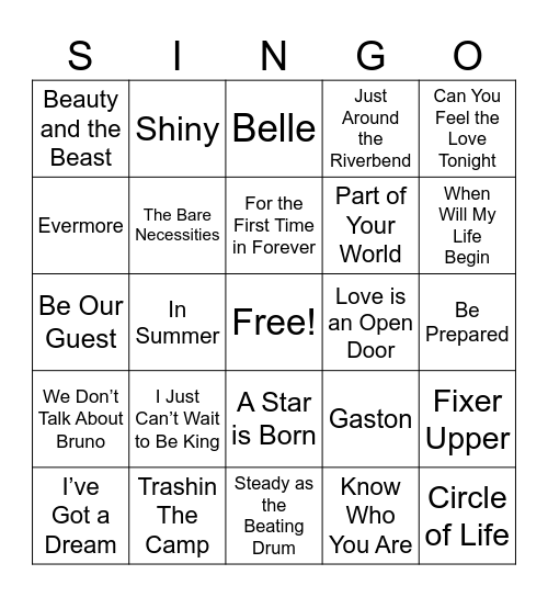 Disney Movie Songs Bingo Card
