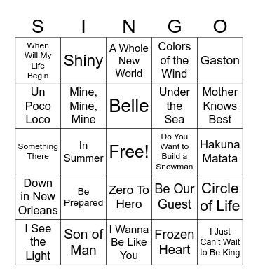 Disney Movie Songs Bingo Card