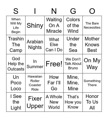 Disney Movie Songs Bingo Card