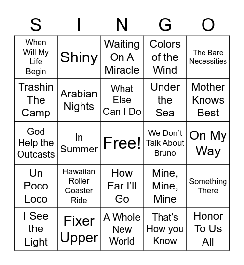Disney Movie Songs Bingo Card