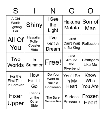 Disney Movie Songs Bingo Card