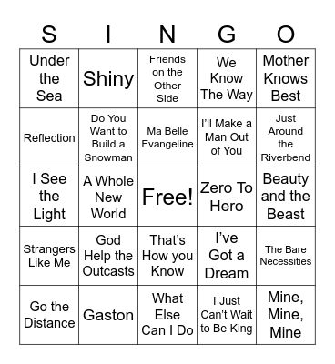 Disney Movie Songs Bingo Card