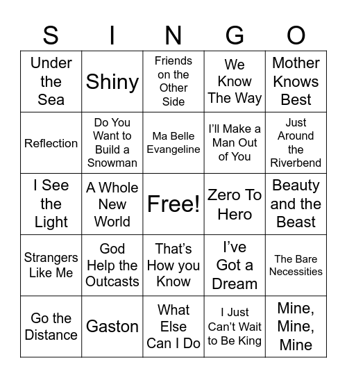 Disney Movie Songs Bingo Card