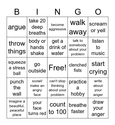Anger Signs and Solutions Bingo Card