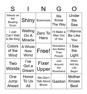 Disney Movie Songs Bingo Card