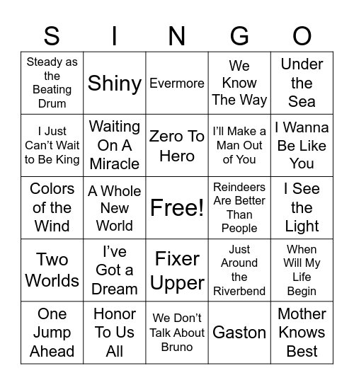 Disney Movie Songs Bingo Card