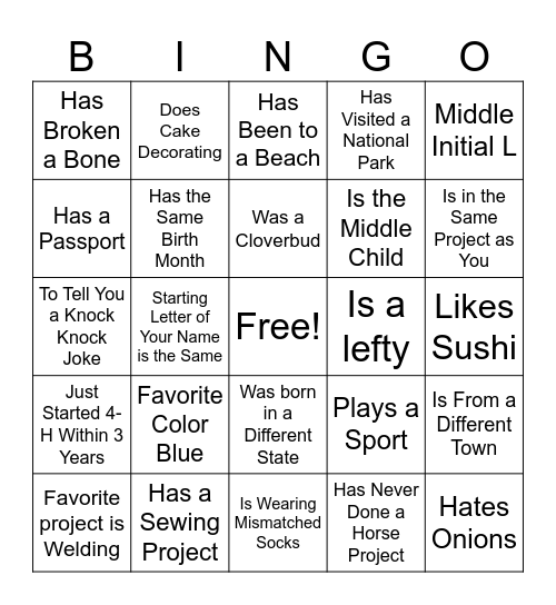 4-H Bingo Card