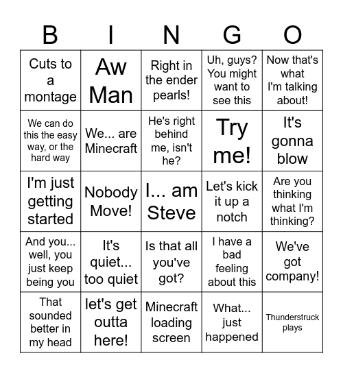 Minecraft Movie Bingo Card