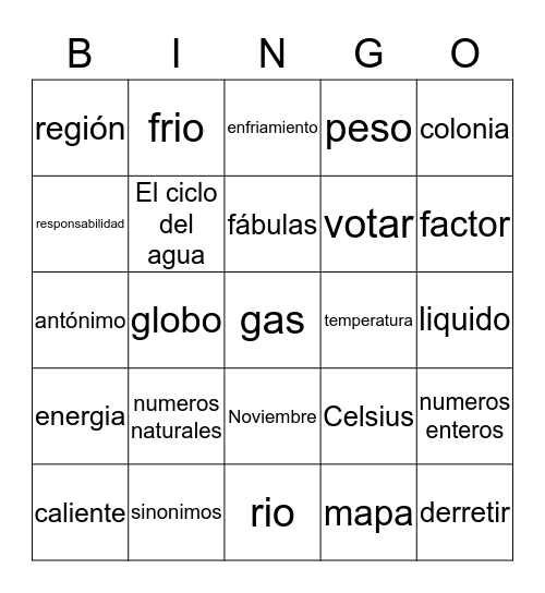 Bingo en español Bingo Card