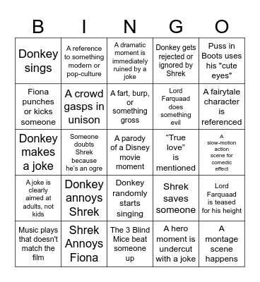 Shrek Bingo Card
