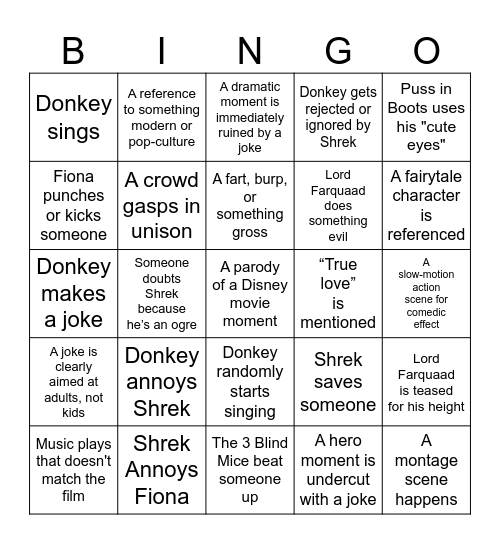 Shrek Bingo Card