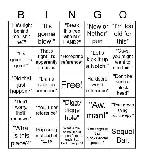 Minecraft Bingo Card